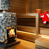 Harvia Cilindro wood burning sauna stove with stone-filled smoke pipe guard