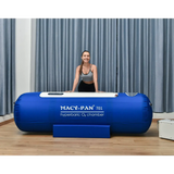 Macy-Pan ST701 hyperbaric oxygen therapy chamber with a smiling woman promoting wellness and recovery.