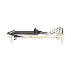 Align Pilates C8-S Pro white reformer, side profile showing the white aluminium runners and frame ends