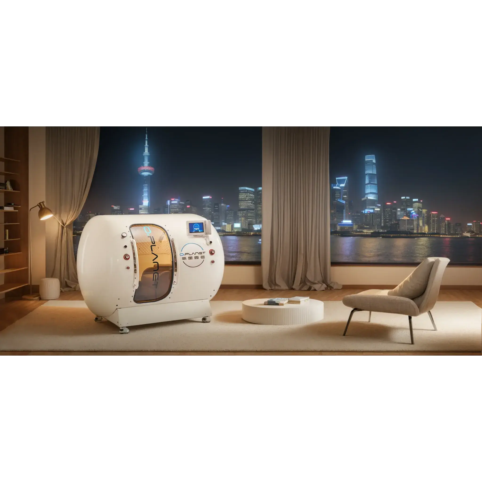 Macy-Pan HE5000 Hyperbaric Oxygen Therapy Chamber in modern interior with city skyline backdrop.