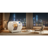 Macy-Pan HE5000 Hyperbaric Oxygen Therapy Chamber in modern interior with city skyline backdrop.