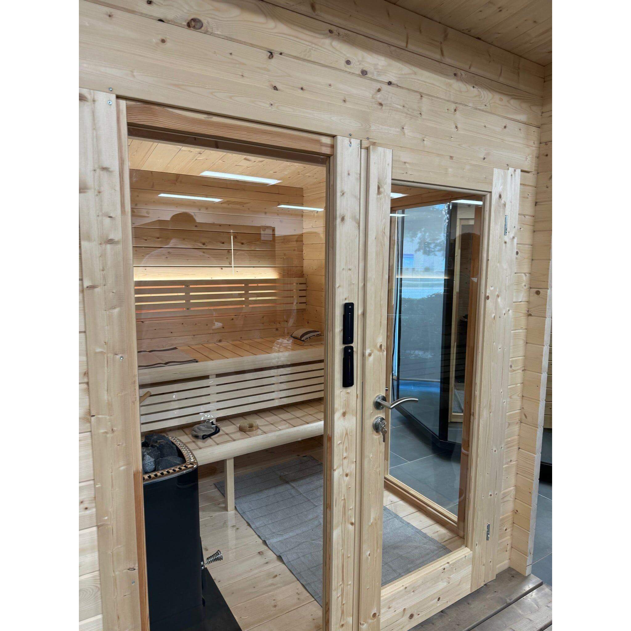 Elegant front porch and full-glass entry of the SaunaLife G4 Outdoor Sauna Kit