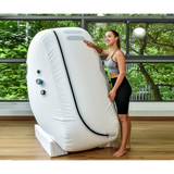 Macy-Pan L1 Seated Hyperbaric Oxygen Therapy Chamber with user in a wellness setting.