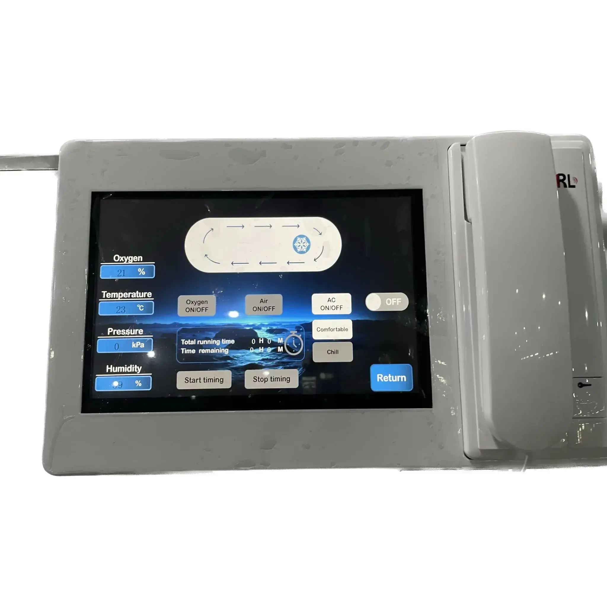 Close-up of the control panel for the Macy-Pan HP1501 Hyperbaric Oxygen Therapy Chamber.