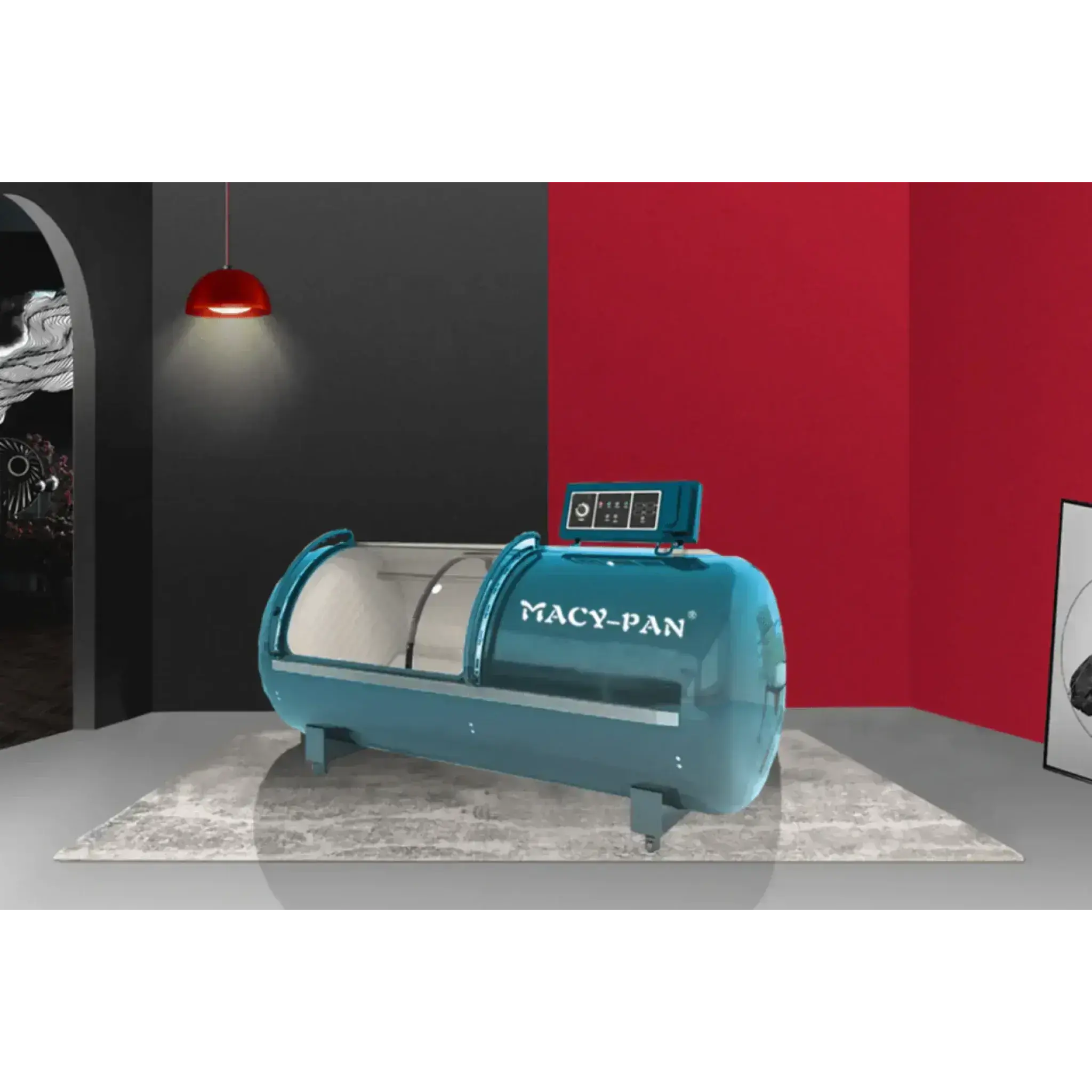 Macy-Pan HP2202 Hard Hyperbaric Oxygen Chamber in modern room setting, designed for recovery and wellness.