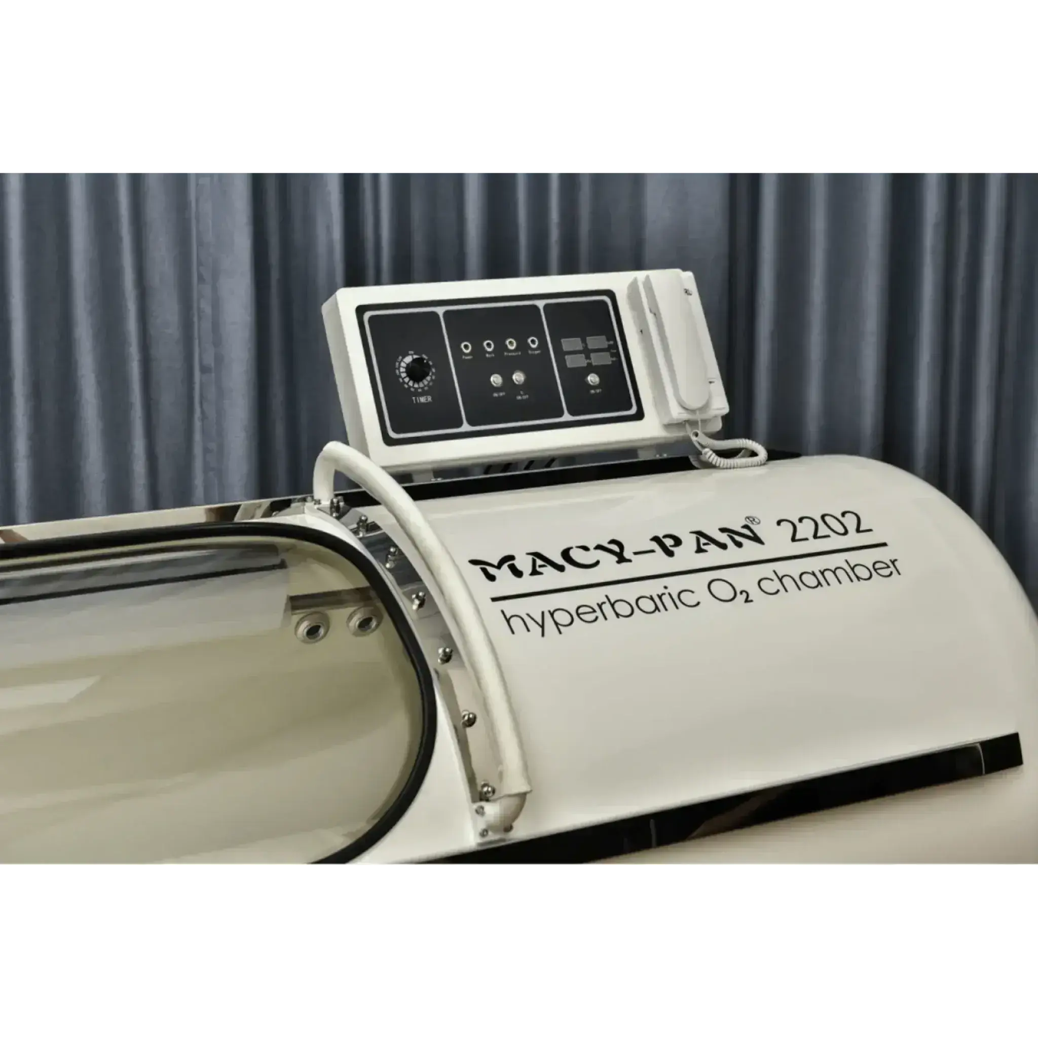 Macy-Pan HP2202 hyperbaric oxygen chamber control panel and top view for accelerated recovery