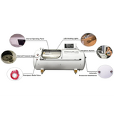 Macy-Pan HP2202 Hyperbaric Chamber features: internal panel, pressure gauge, LED lights, intercom, emergency relief valve.