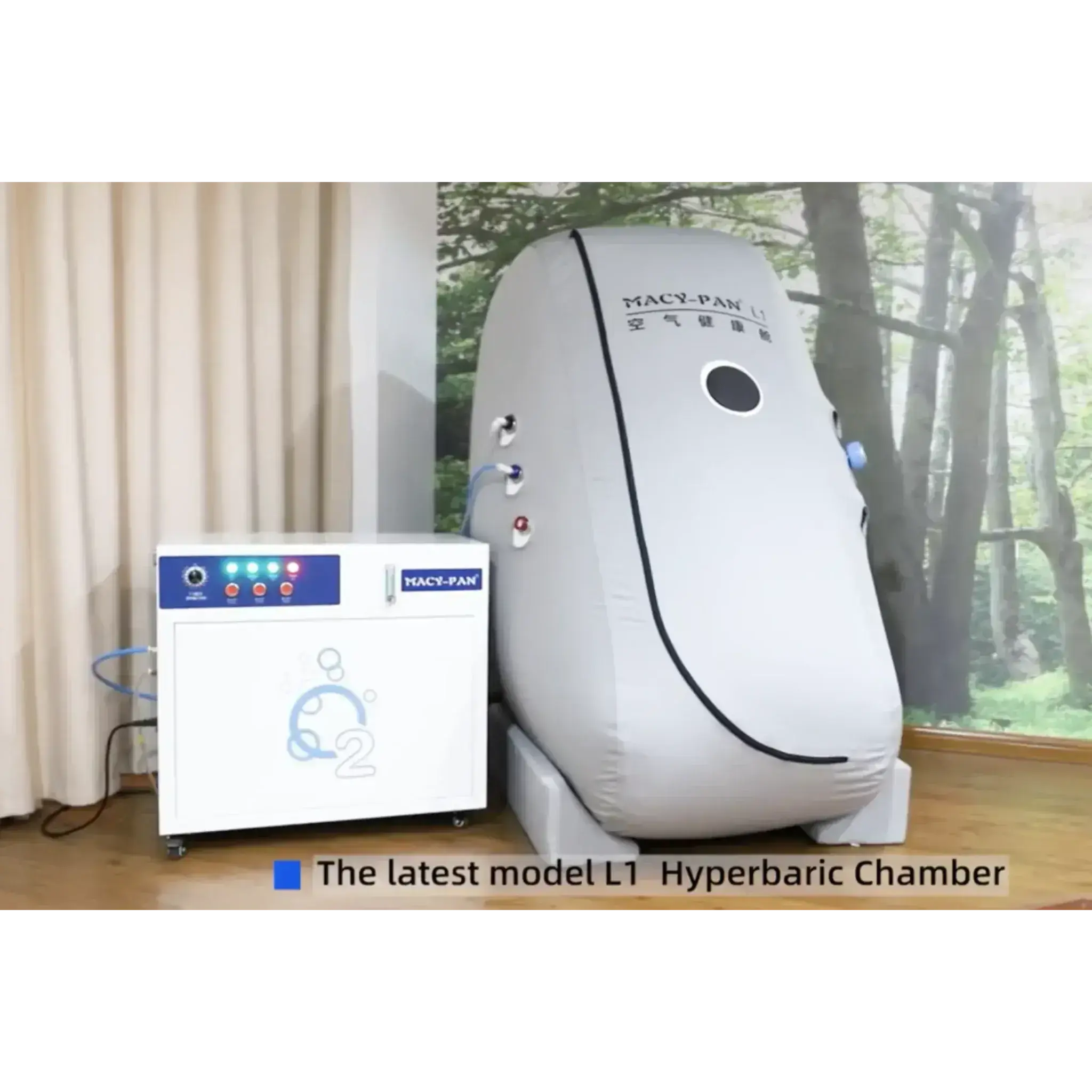 Macy-Pan L1 Hyperbaric Oxygen Therapy Chamber for seated therapy with control unit in a serene environment.