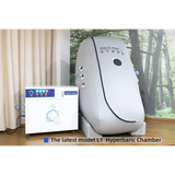 Macy-Pan L1 Hyperbaric Oxygen Therapy Chamber for seated therapy with control unit in a serene environment.