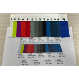 Color swatches showing fabric samples and RAL codes, including lime green, red, grey, and blue shades.