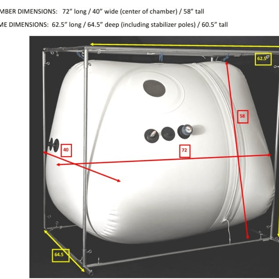 Diagram showing dimensions of Newtowne Tent Hyperbaric Chamber with labeled measurements for height and width.