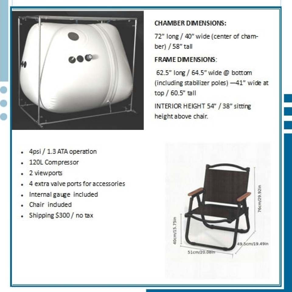 Dimensions and features of the Newtowne 54" Tent Hyperbaric Chamber, including chair and specifications.