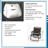 Dimensions and features of the Newtowne 54" Tent Hyperbaric Chamber, including chair and specifications.