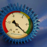 Newtowne Hyperbarics internal pressure gauge showcasing PSI measurements for monitoring hyperbaric chamber pressure.