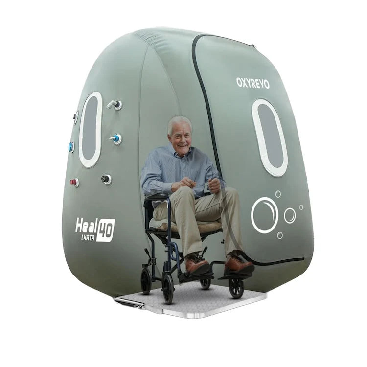 Person using a portable oxygen chamber with OxyRevo Heal40 1.4 ATA Wheelchair Hyperbaric Chamber on a white background