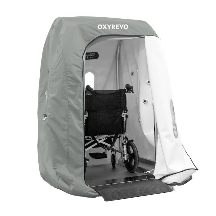 OxyRevo Heal40 1.4 ATA Wheelchair Hyperbaric Chamber with wheelchair inside