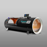 OxyRevo Quest30 hard hyperbaric chamber side angle showing stainless steel body
