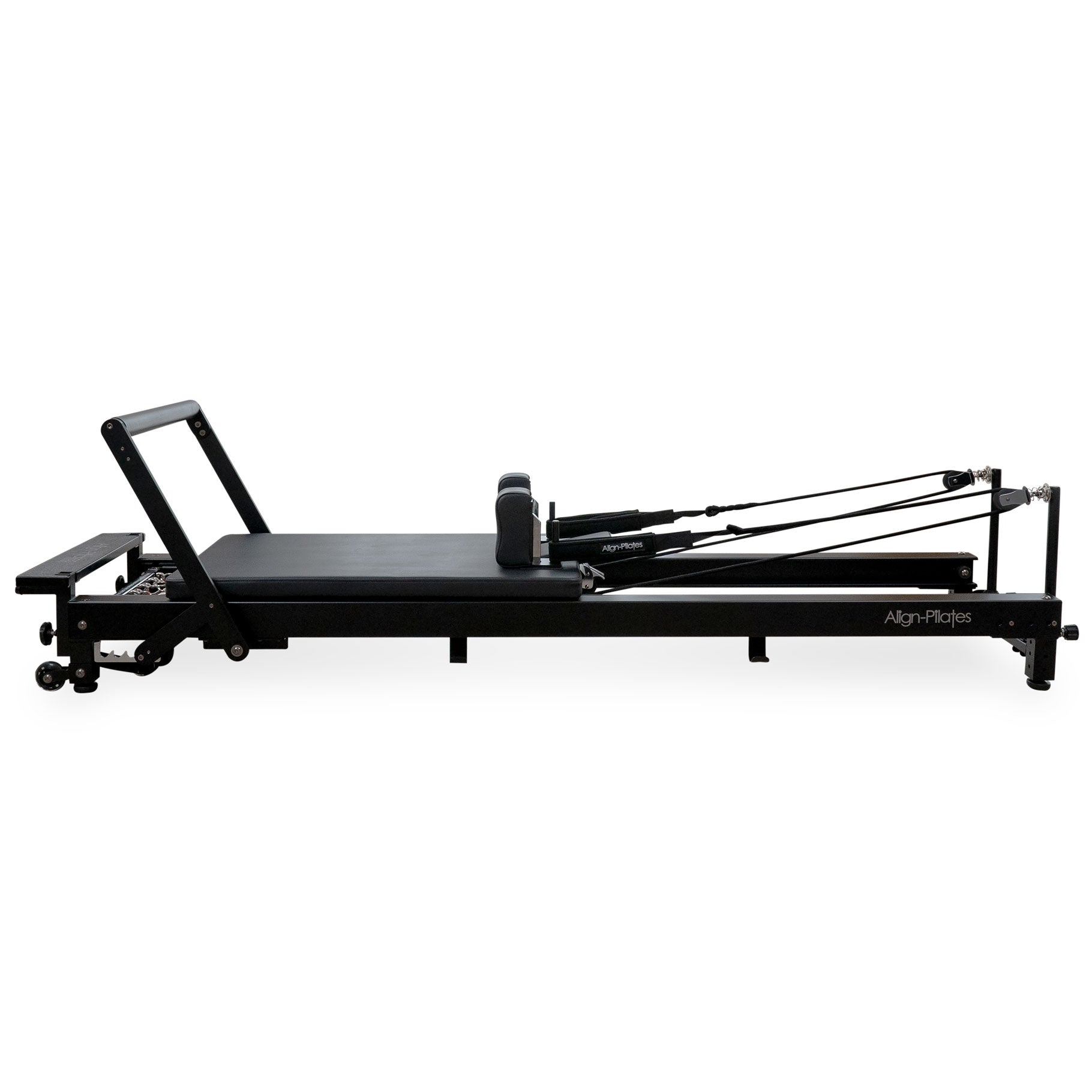 Align Pilates C8-Pro Noir reformer seen from the rope riser end, risers and ropes in view