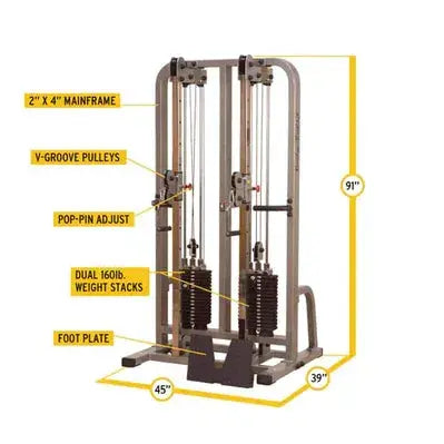 Parts and dimensions diagram of the Body-Solid Pro Clubline Dual Cable Column SDC2000G - RecovAthlete