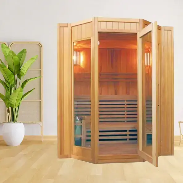 Premium SunRay Tiburon HL400SN 4-Person Traditional Indoor Sauna with Canadian Hemlock Wood and Harvia Heater