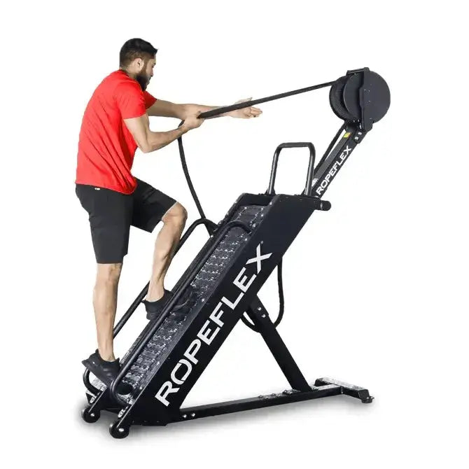 Professional male trainer demonstrating upper body rope pulling exercise on RX4400