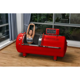 Woman enjoying therapy inside a Macy-Pan 1501 hard shell hyperbaric chamber for enhanced recovery.