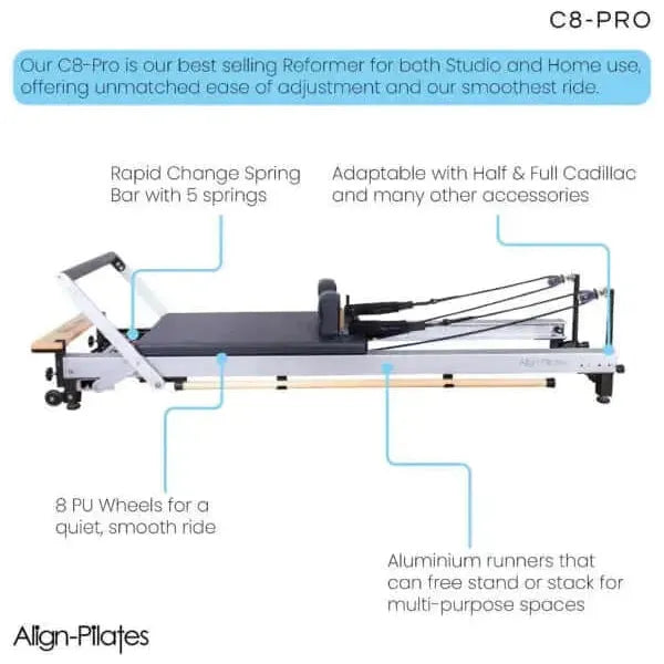 Align Pilates C8 Pro Cadillac Reformer Combo in studio setting features