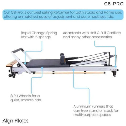 Align Pilates C8 Pro Cadillac Reformer Combo in studio setting features