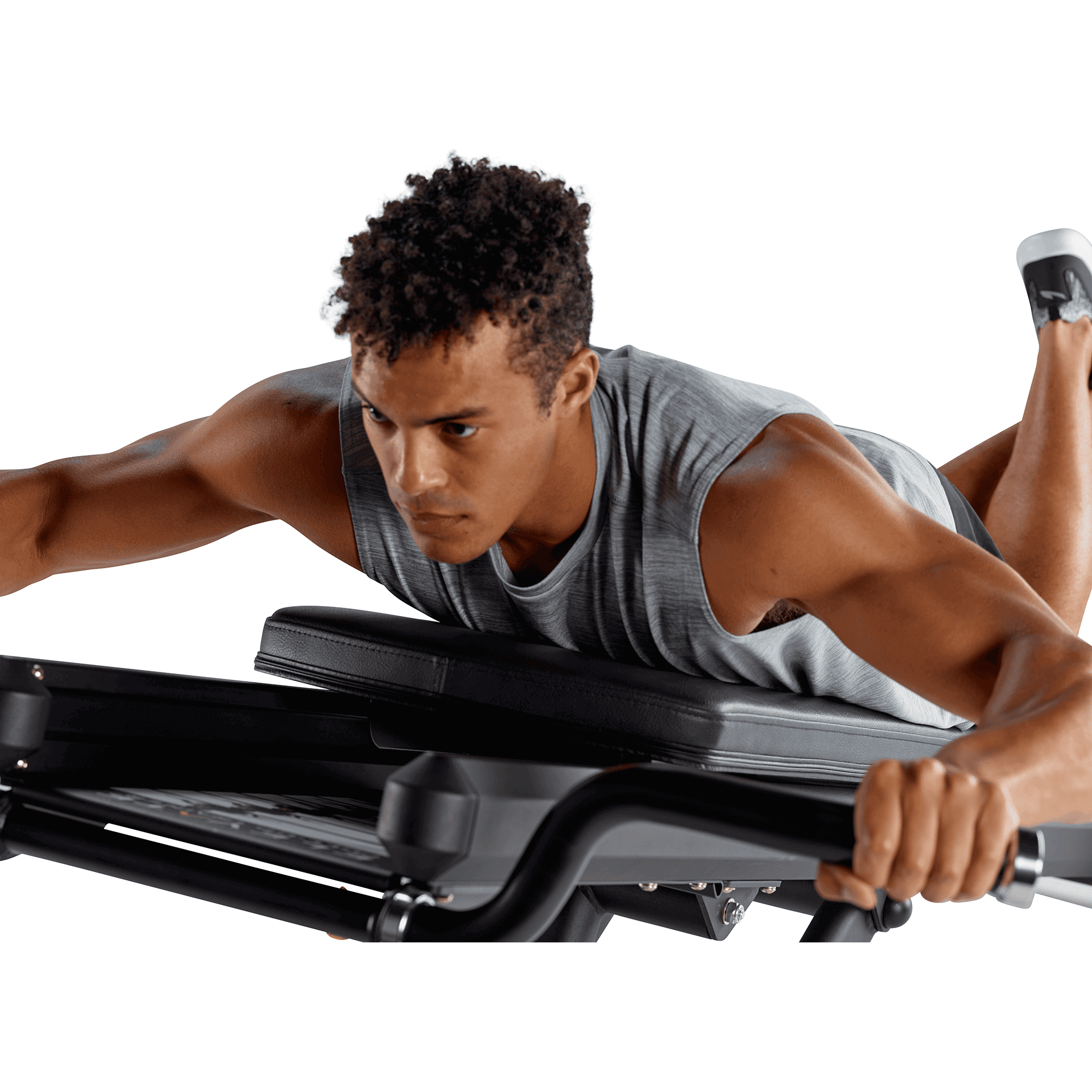 male model exercising on total gym pull ups machine