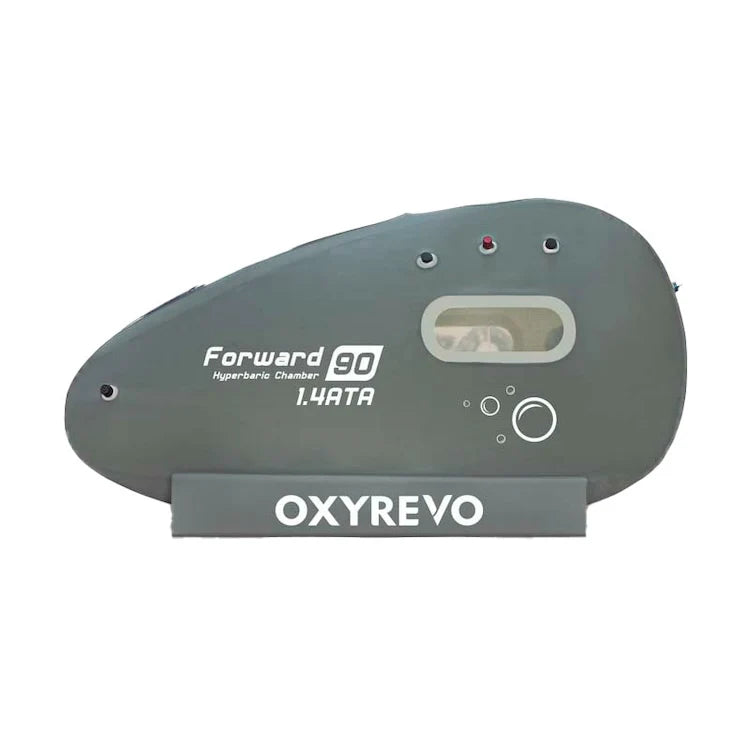 Angled back-right view of oxyrevo forward 90 sitting hyperbaric chamber exterior – RecovAthlete
