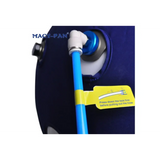 Close-up of the Macy-Pan Hyperbaric Oxygen Therapy Chamber's hose connection with safety instructions.
