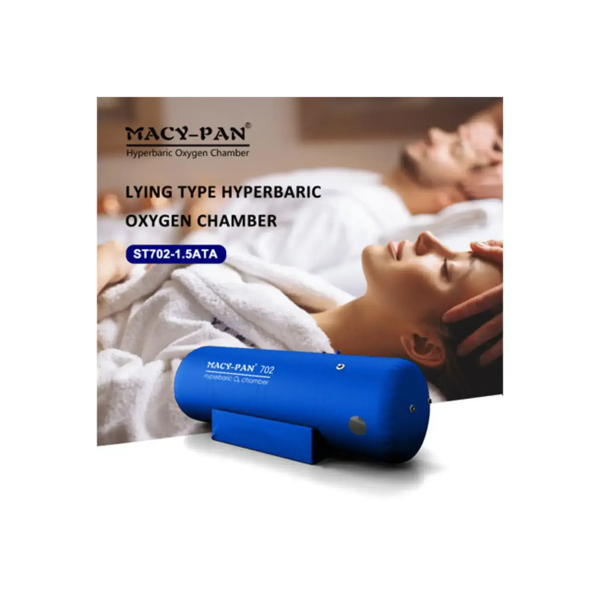 Macy-Pan ST702 Hyperbaric Oxygen Therapy Chamber in blue, designed for recovery and wellness, impacted by 1.5 ATA pressure.