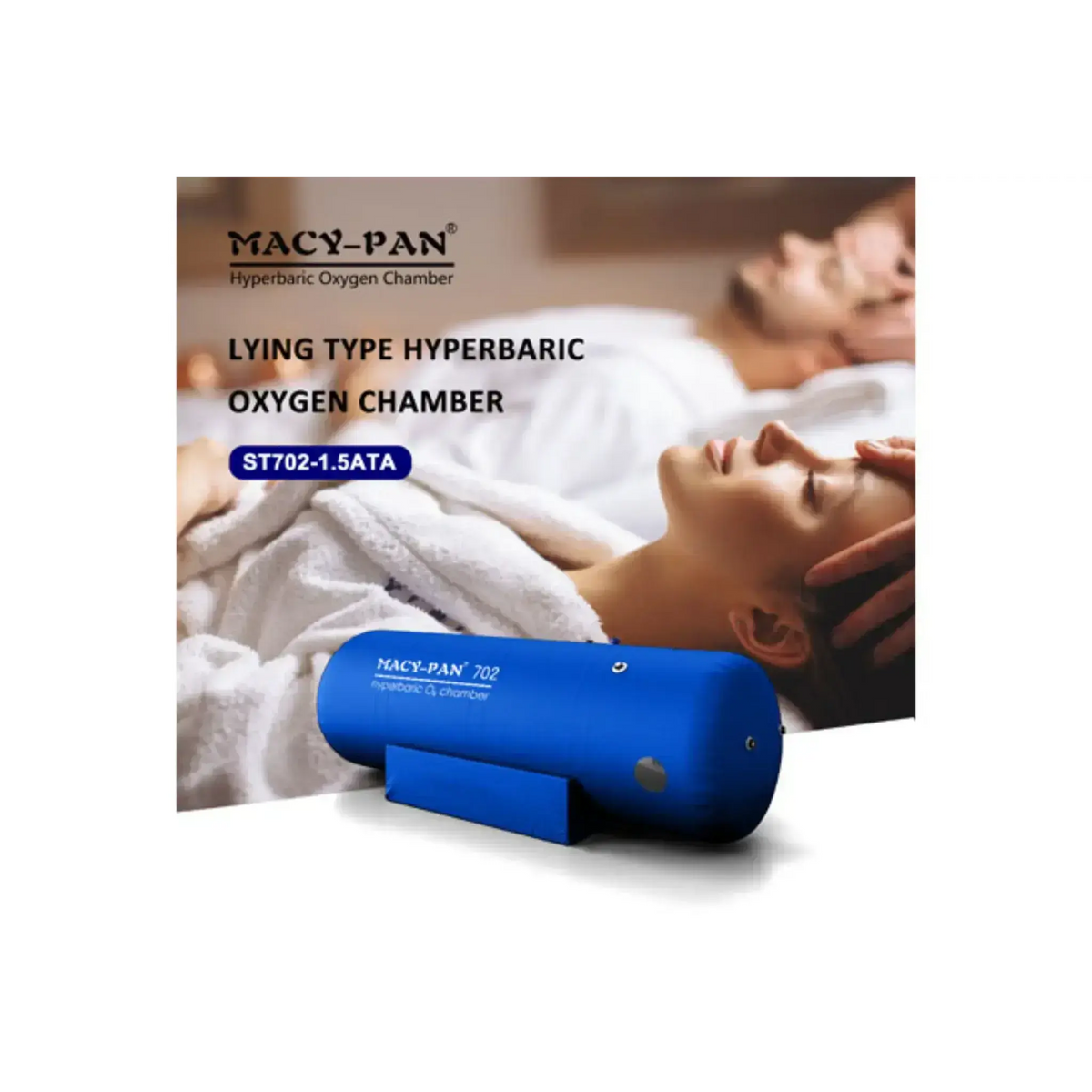 Macy-Pan ST702 Hyperbaric Oxygen Therapy Chamber in blue, designed for recovery and wellness, impacted by 1.5 ATA pressure.