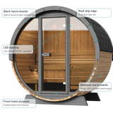 SaunaLife EE6G Ergo-Series 4-Person Outdoor Barrel Sauna callouts for black fascia boards, roof drip edge, LED lighting, stainless barrel bands, and front frame plywood.