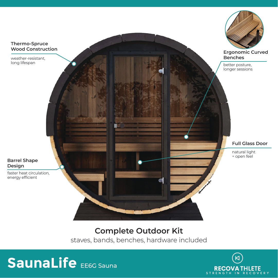 SaunaLife EE6G Sauna – 4-Person Outdoor Barrel Sauna | Ergo Elegance Series, view 5, RecovAthlete