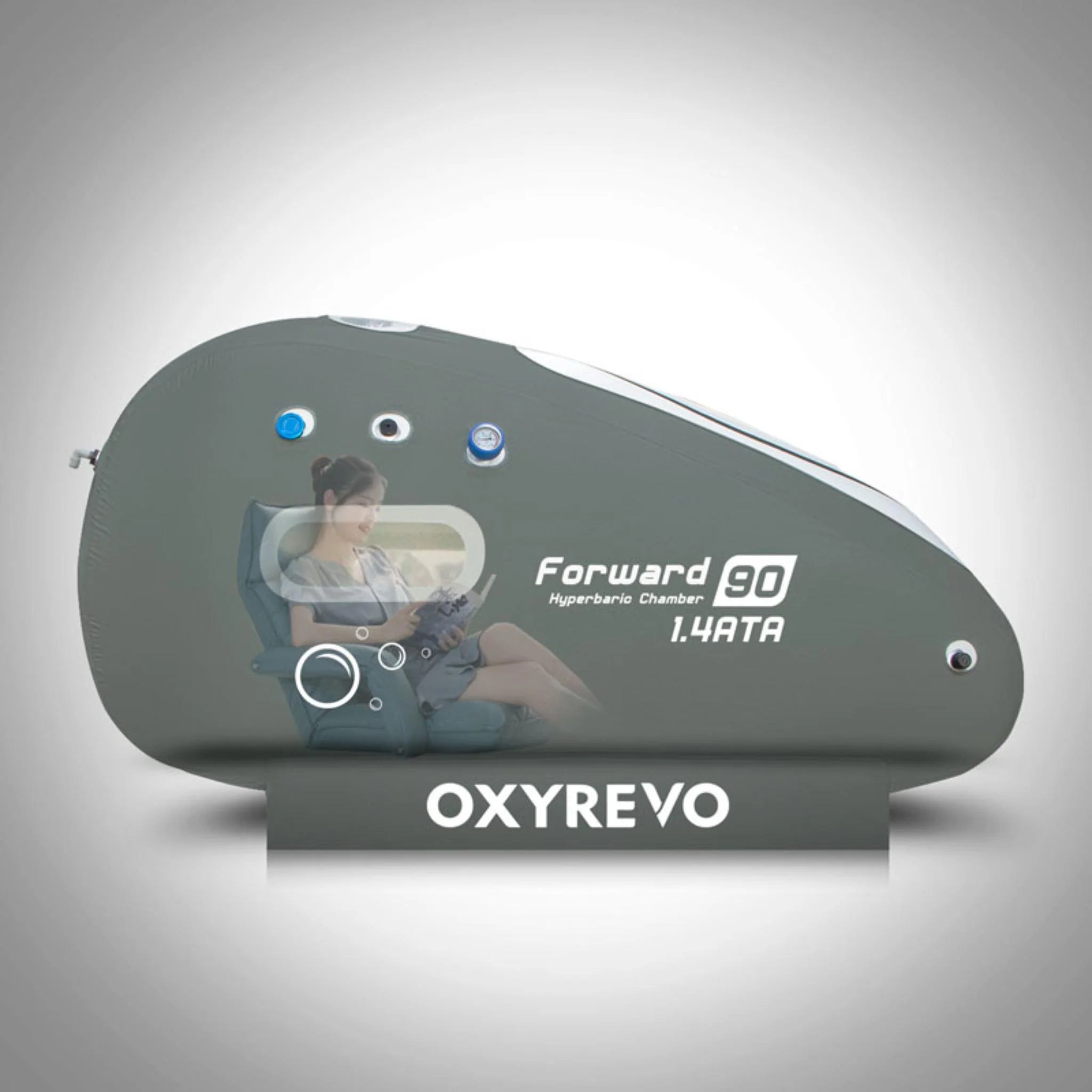 women sitting in oxyrevo forward90 portable sitting hyperbaric chamber