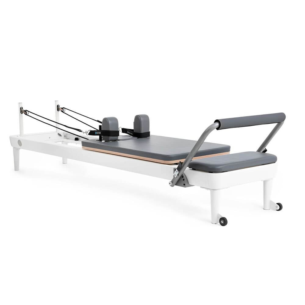Elina Pilates Nubium Reformer — vertical storage aluminum reformer that stands upright against the wall