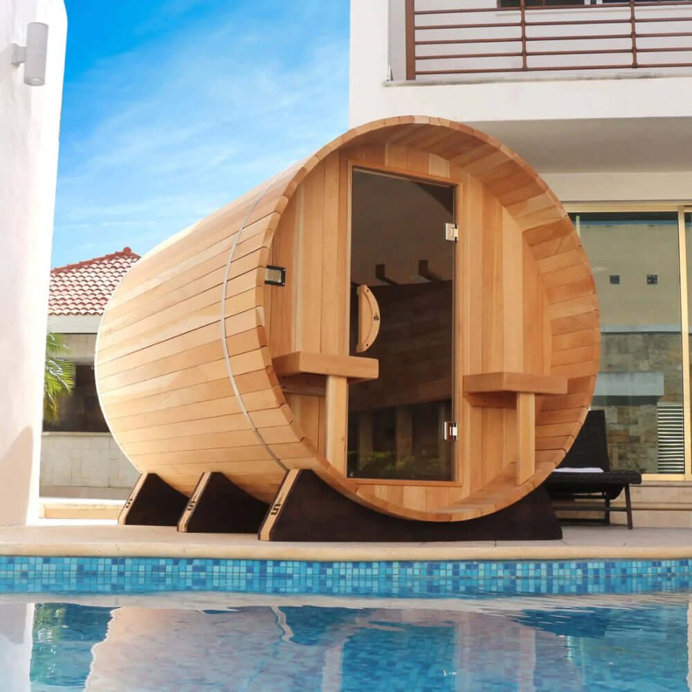 Scandia Electric Barrel Sauna with Canopy 8 Person Sauna, RecovAthlete