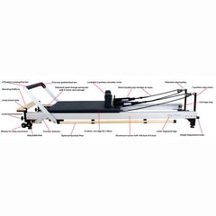 Collage of Align Pilates C8 Pro Reformer features and accessories