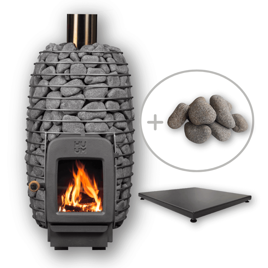 HUUM HIVE HEAT Wood Burning Stove Kit w/ Chimney, Floor Protection and Stones, RecovAthlete