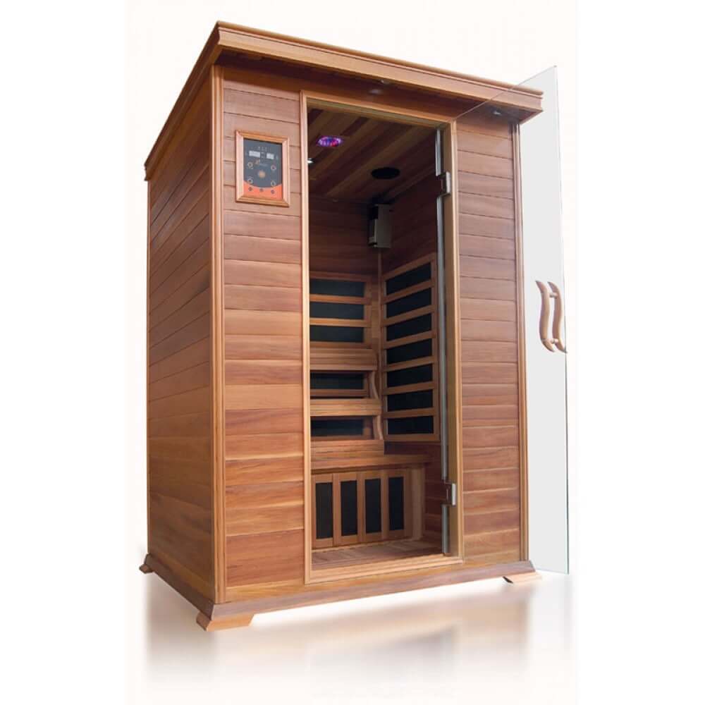 Exterior view of Sunray Sierra 2-person cedar sauna HL200K