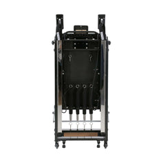 Folded Align Pilates F2 Reformer in a storage space, highlighting its compact size and portability.