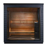 SaunaLife G6 outdoor sauna featuring a minimalist design with glass walls and wooden trim