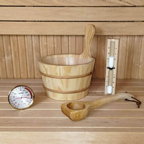 SaunaLife Spa Set 1 Bucket, Ladle, Timer and Thermometer - Sauna Accessory Package
