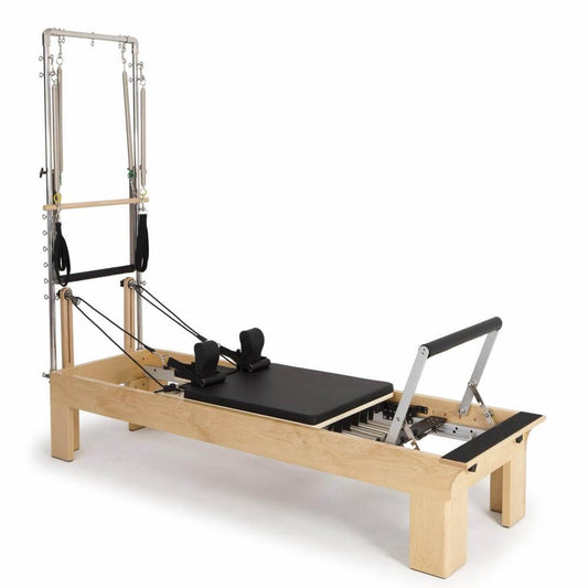 Elina Pilates Physio Wood Reformer with Tower — clinical-height rock maple reformer with full tower
