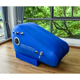 Macy-Pan ST1700 sitting hyperbaric oxygen therapy chamber in blue, designed for home use and health transformation.