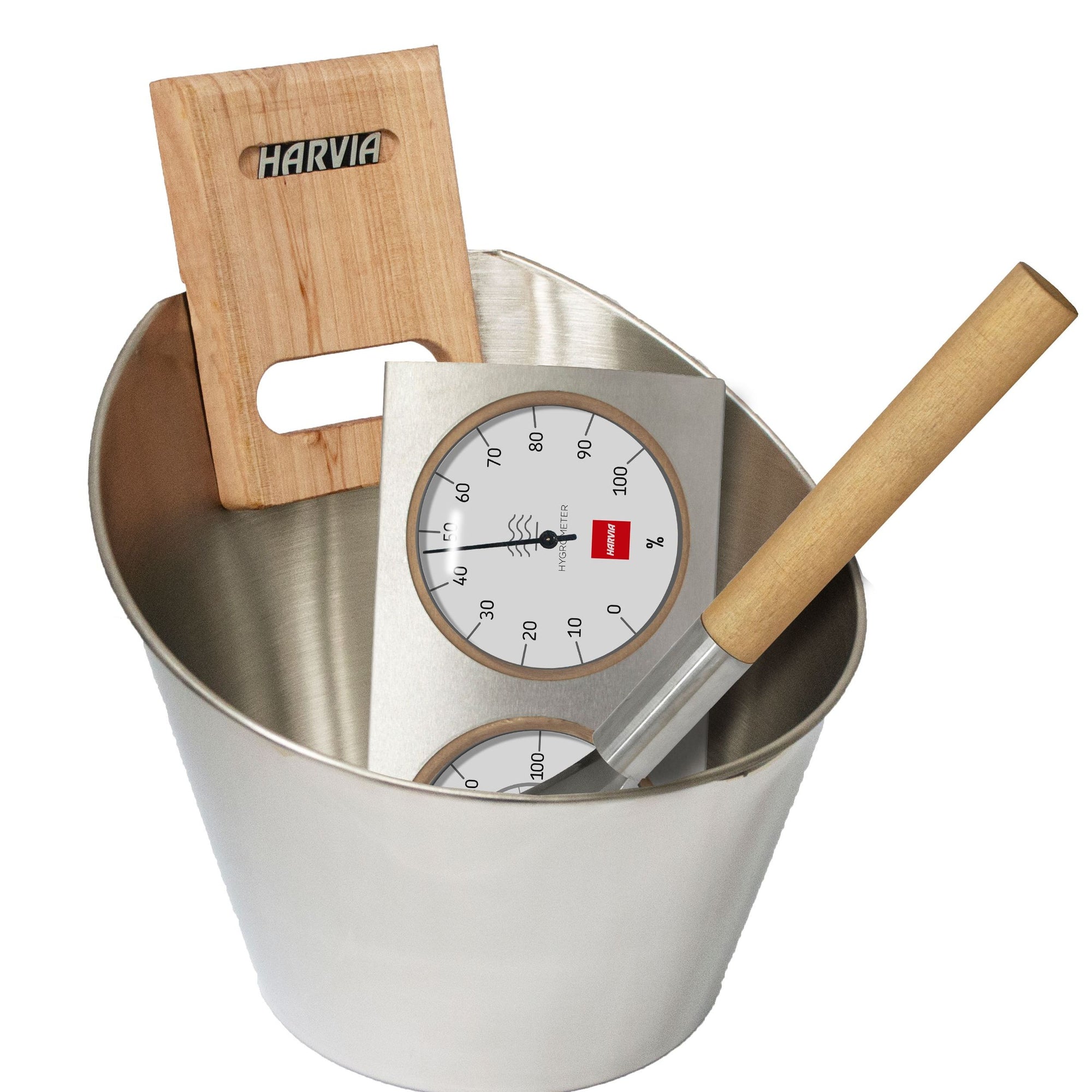 Harvia SA006 stainless steel sauna bucket and ladle set with thermometer and hygrometer