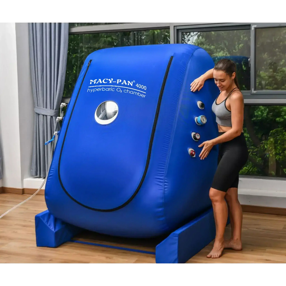 Macy-Pan MC4000 hyperbaric chamber with a user operating control valves, designed for wheelchair accessibility.