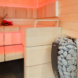 Harvia Spirit sauna heater in a sauna with red accent lighting