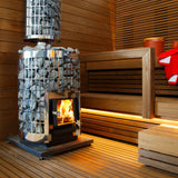 Harvia Cilindro wood burning sauna stove installed in a thermo-wood sauna